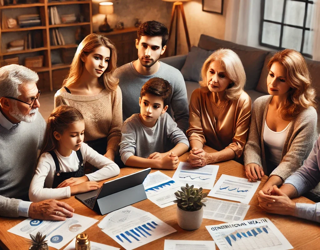 A family sitting together, planning financial strategies to build generational wealth.