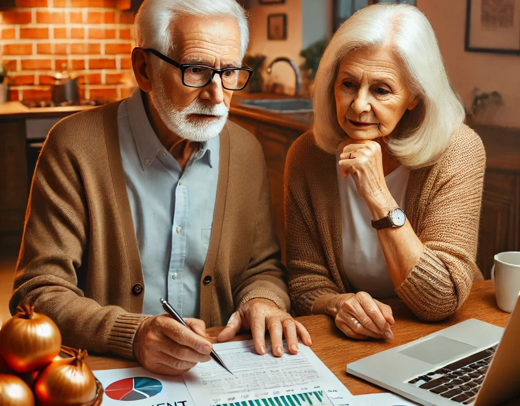 An elderly couple planning their retirement savings, discussing strategies to counter inflation risks.