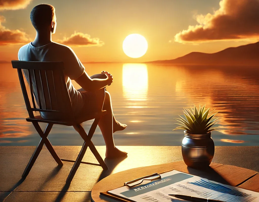 A peaceful retirement transition symbolized by a relaxed person watching a sunset with a financial plan nearby.