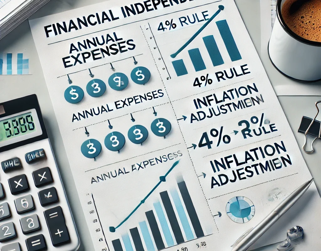 A calculator and financial chart showing the steps to calculate the Financial Independence Number.