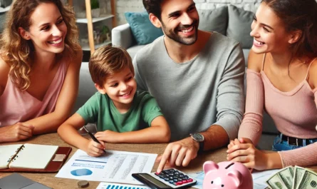 Family building financial independence through budgeting and smart investments.